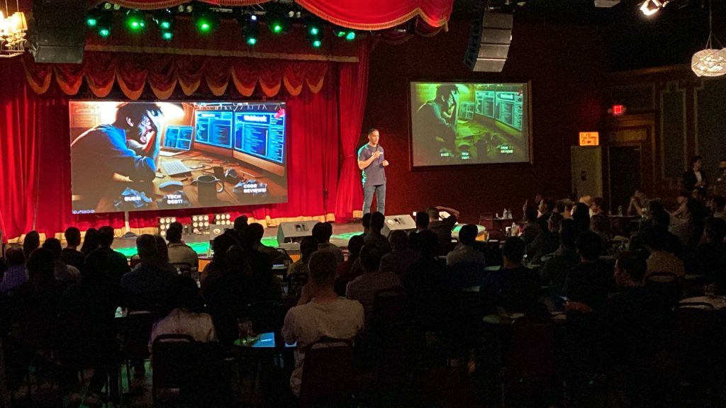 Astronuts Demo day pitch at Techstars Miami. Michel telling his story about the bug mafia and how they can eventually kill companies.