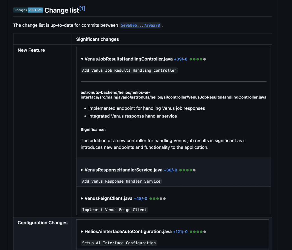 detailed pull request DIFF summary with astronuts.