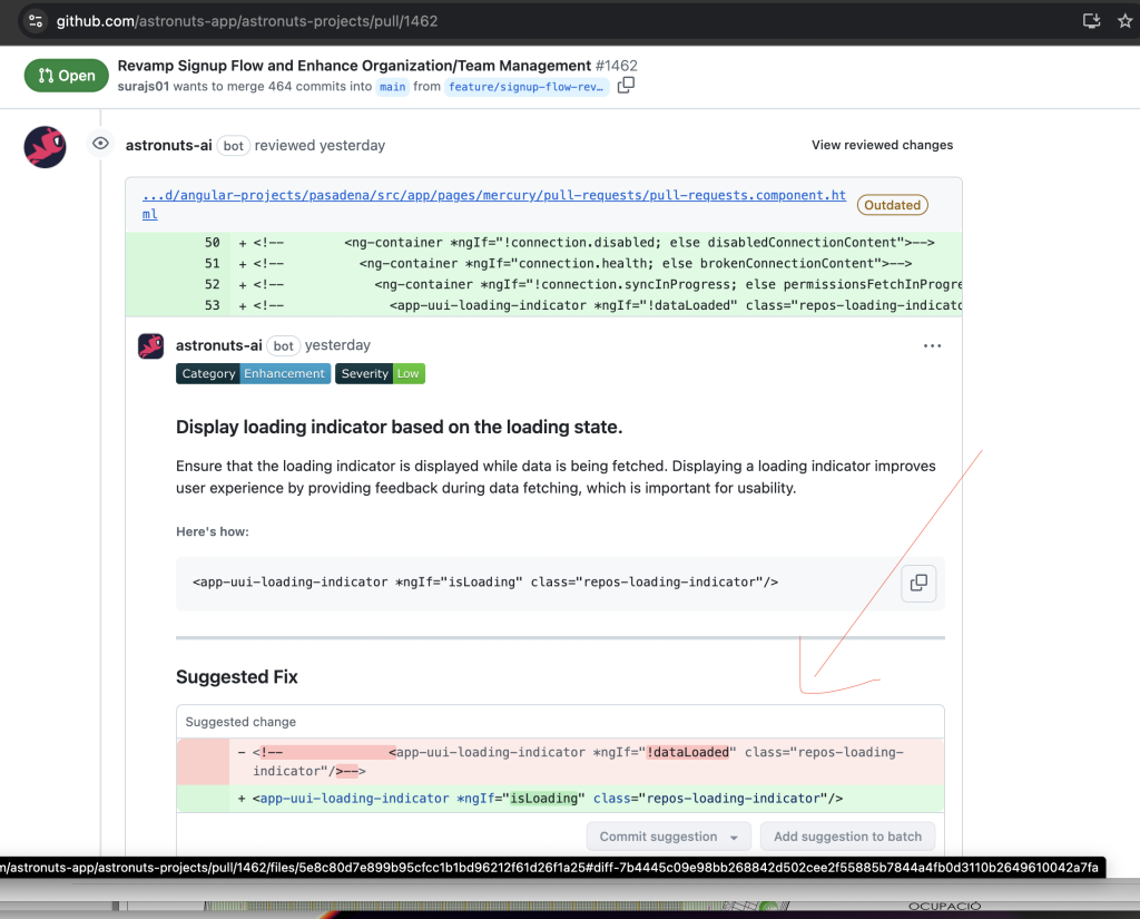 line by line comments on AI code review, DIFF analysis